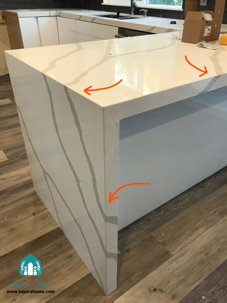 Beautifully executed continues stone veins in a countertop. 